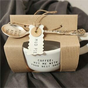 Mud Pie White Coffee Mug with Silver Spoon
